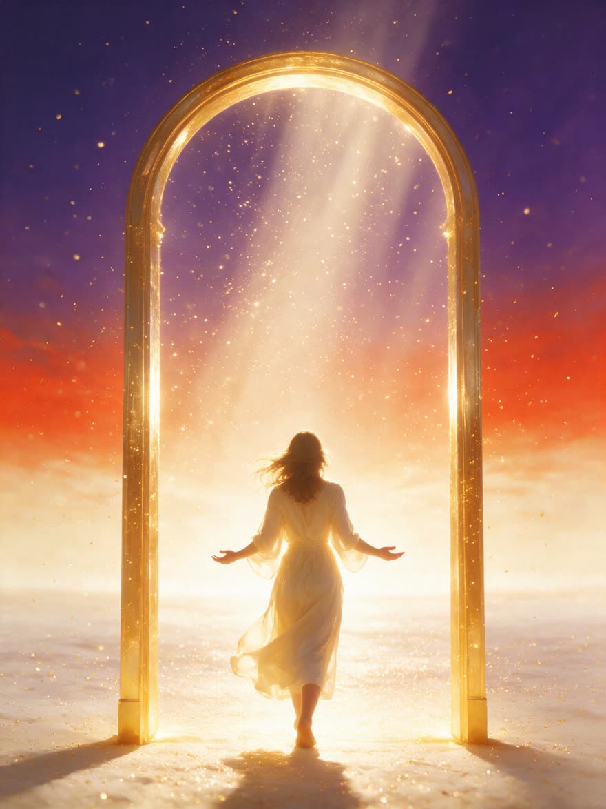 Mujer cruzando el portal de luz con las palmas abiertas, recibiendo